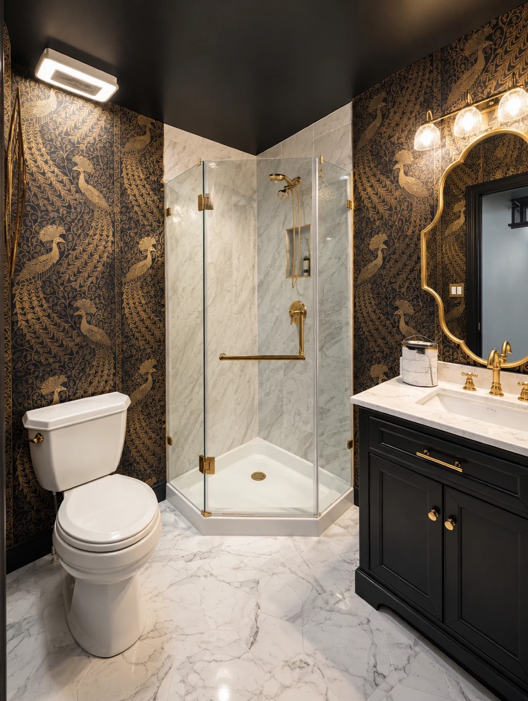 Bathroom with black and gold peacock wallpaper, marble tile shower and gold fixtures