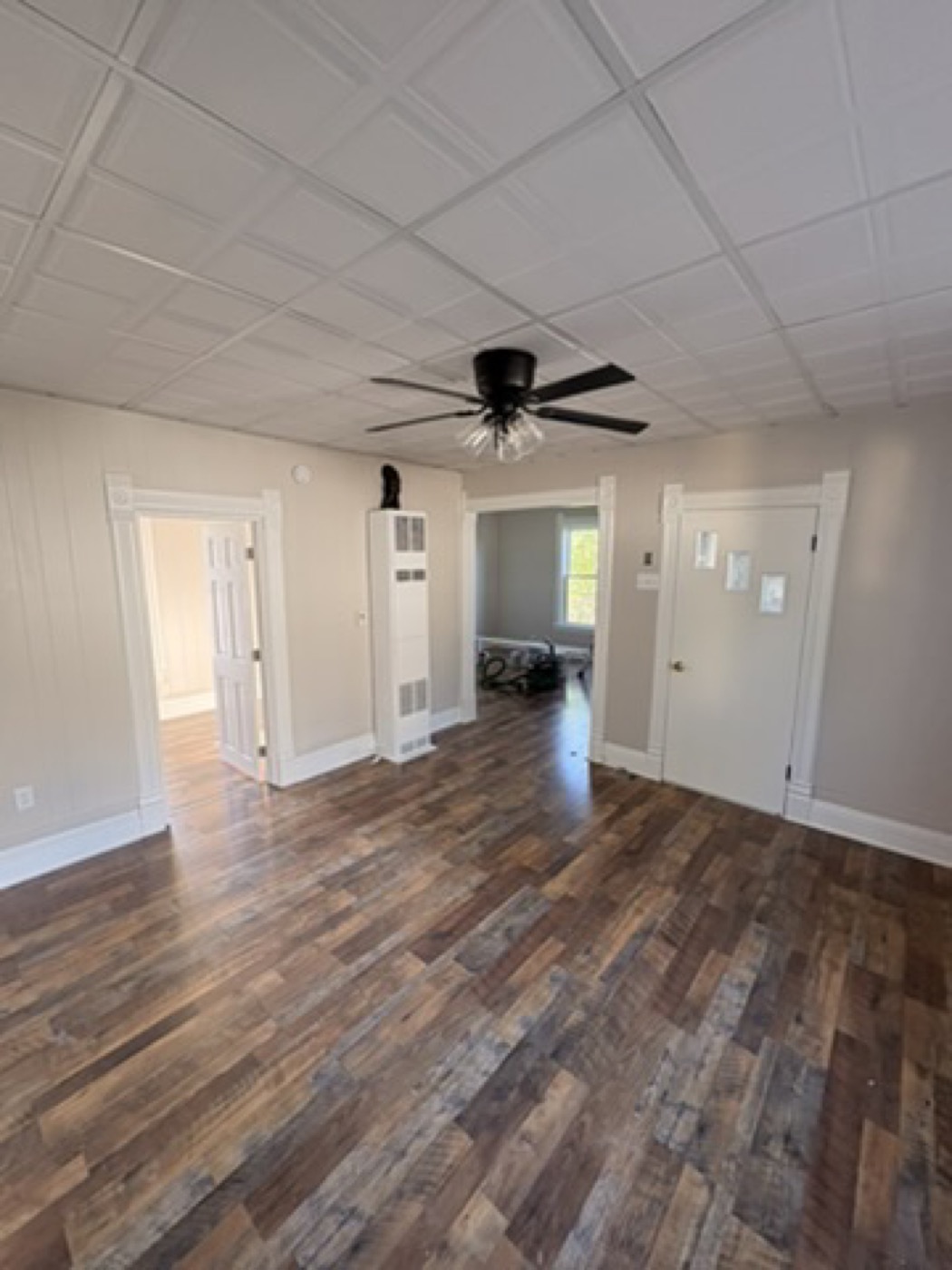 Room with a white tiled drop ceiling and painted doors